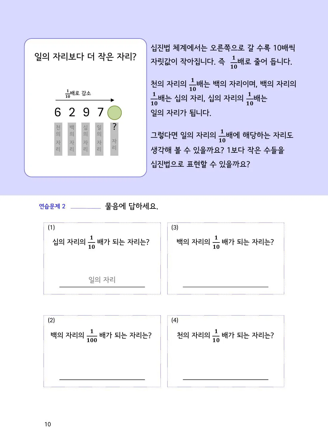 수학감각 소수 10쪽 오른쪽 한 자리는 왜 10분의 1일까요? 설명 화면