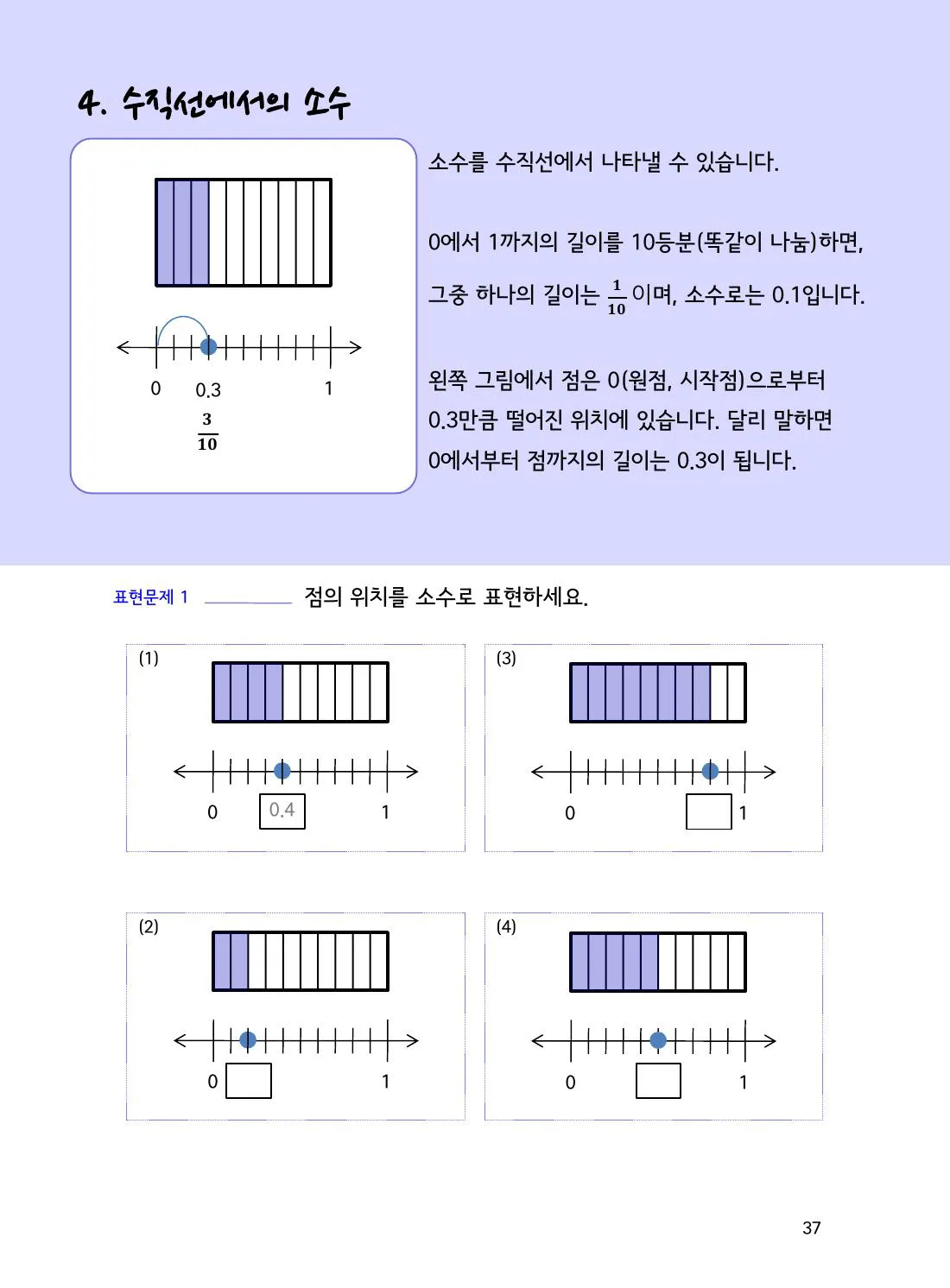 수학감각 소수 37쪽 소수를 수직선에 나타내는 법 설명 화면
