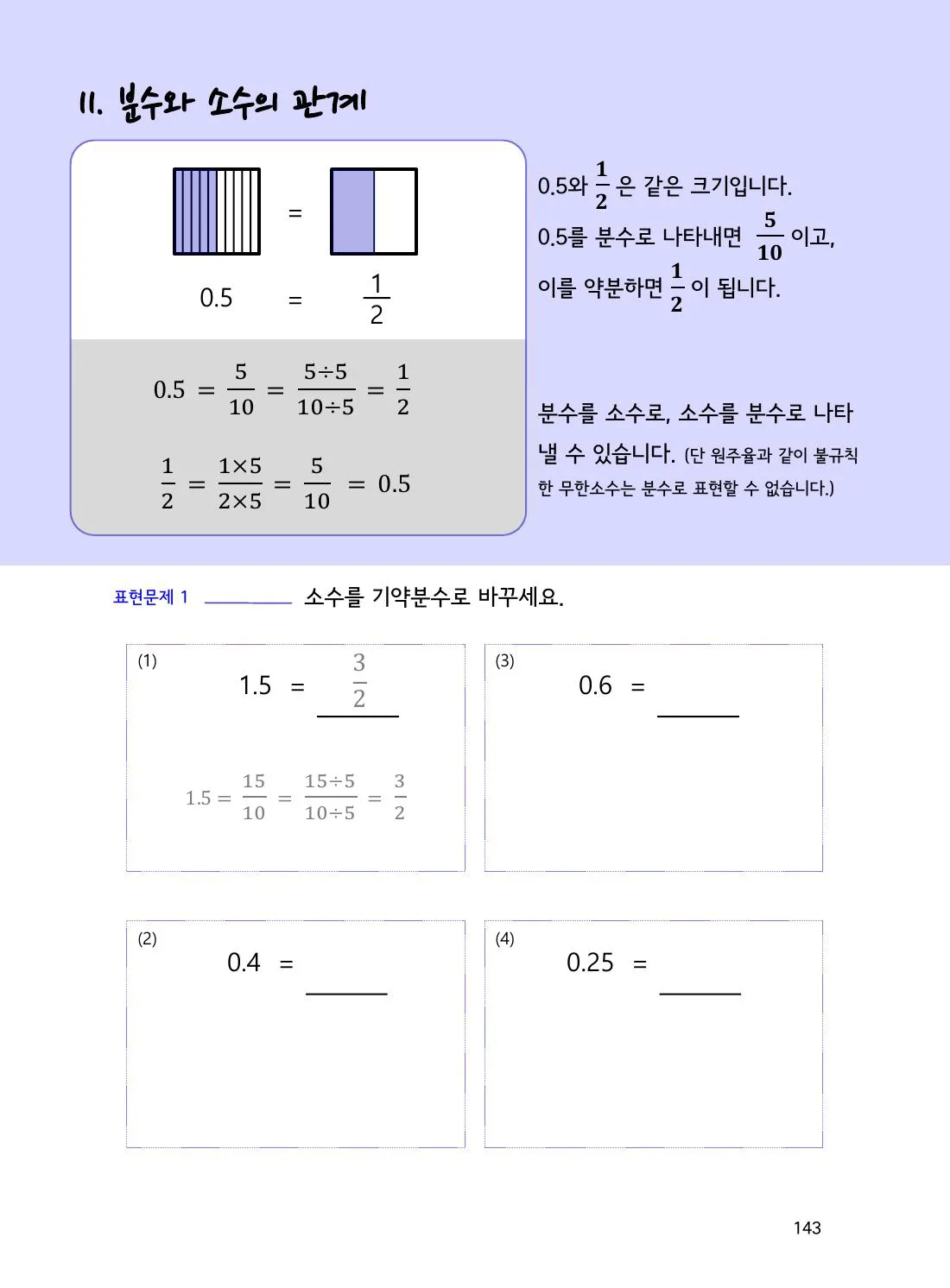 수학감각 소수 143쪽 소수를 분수로 바꾸는 가장 기본적인 방법 설명 화면