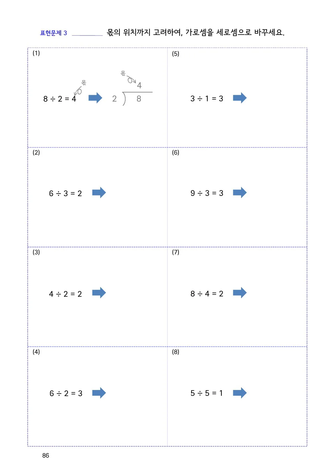 수학감각 나눗셈 86쪽 세로셈에서 몫은 어느 자리에 써야 할까요? 설명 화면