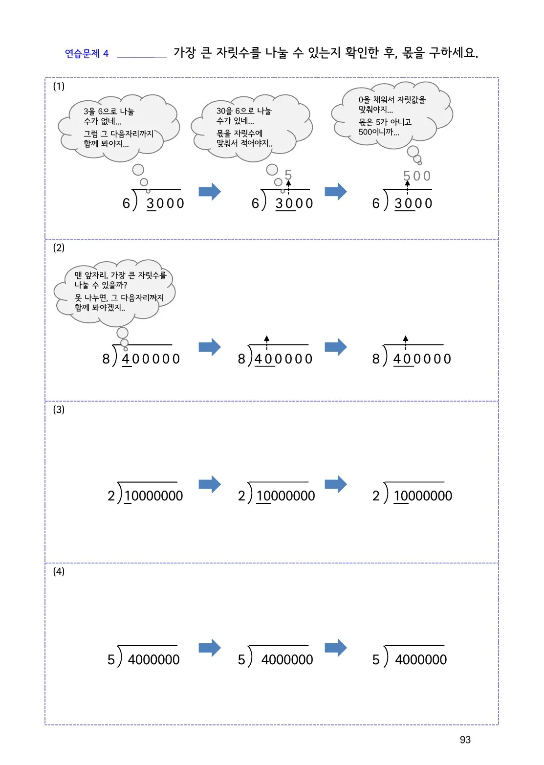 수학감각 나눗셈 93쪽 나눗셈 몫의 0은 왜 꼭 써야 할까요? 설명 화면