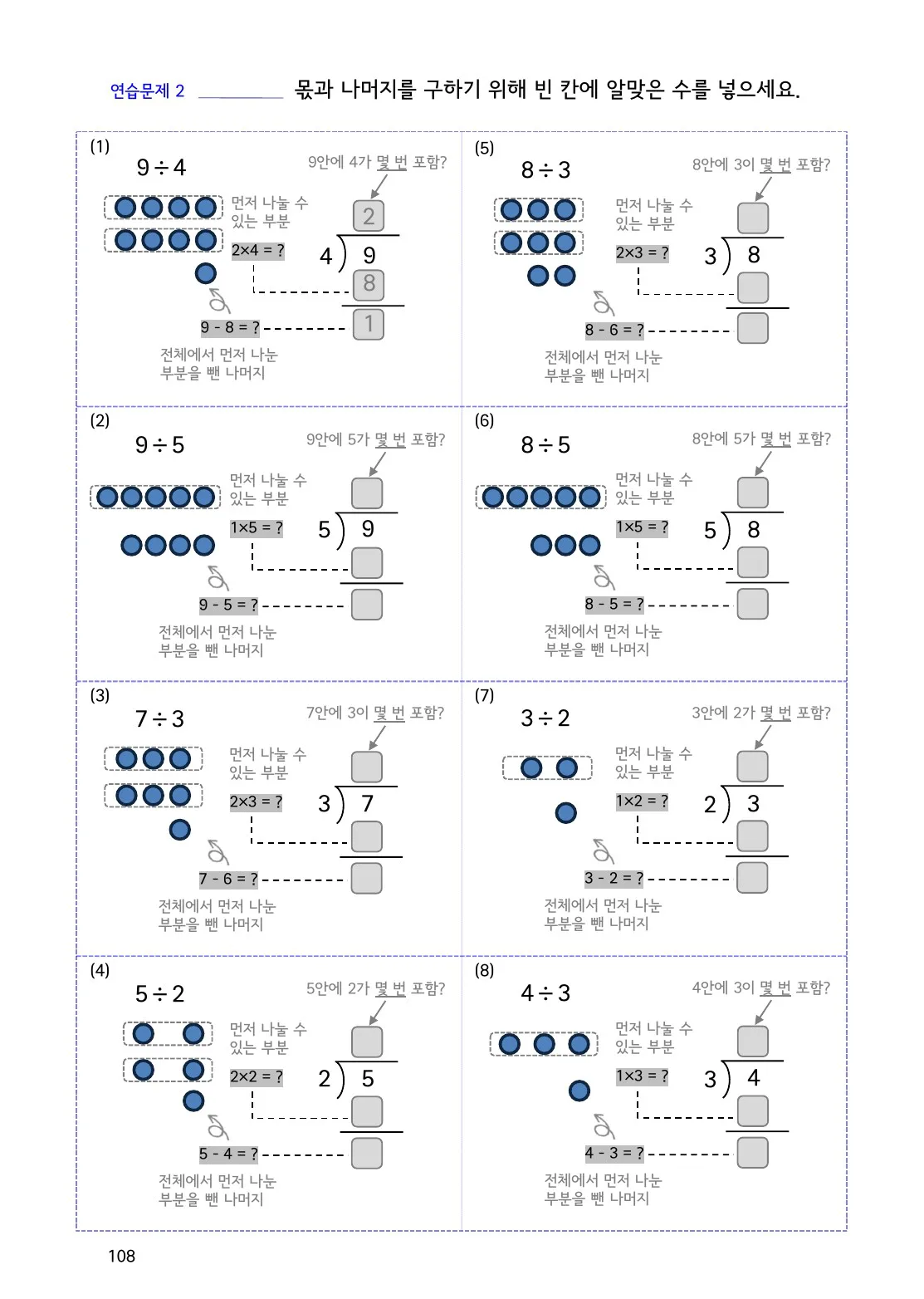 수학감각 나눗셈 108쪽 세로셈에서 몫을 곱하고 빼는 이유 설명 화면