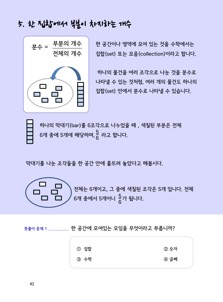 수학감각 분수 교재 실제 본문: 전체와 부분을 그림으로 설명하는 42쪽