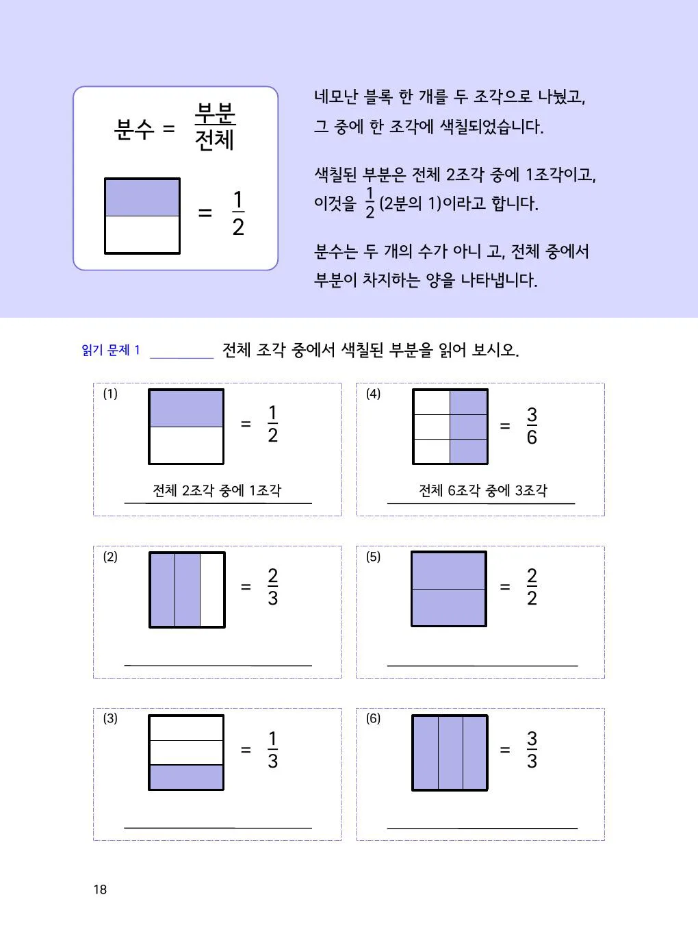 분수는 왜 똑같이 나눠야 할까요? 개념을 설명하는 수학감각 분수 1권 18쪽 실제 교재 화면