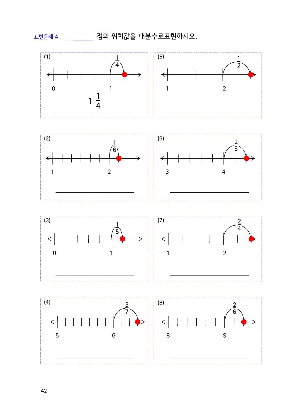 수직선에서 대분수 찾기: 1과 3/4의 위치 개념을 설명하는 수학감각 분수 2권 42쪽 실제 교재 화면