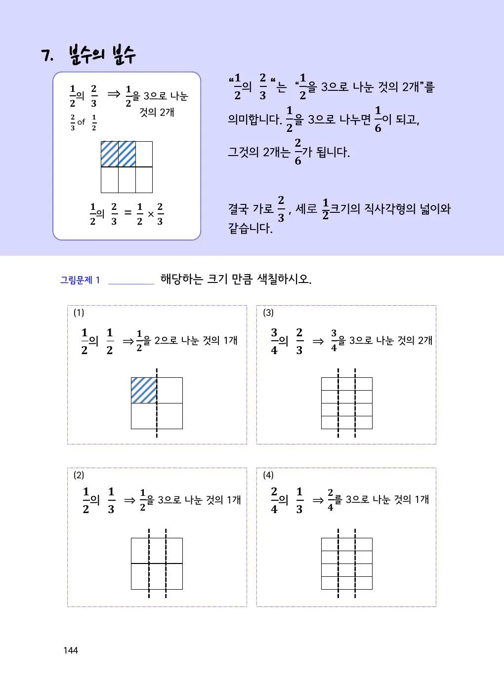 분수의 분수는 곱셈입니다: 1/2의 2/3 개념을 설명하는 수학감각 분수 2권 144쪽 실제 교재 화면