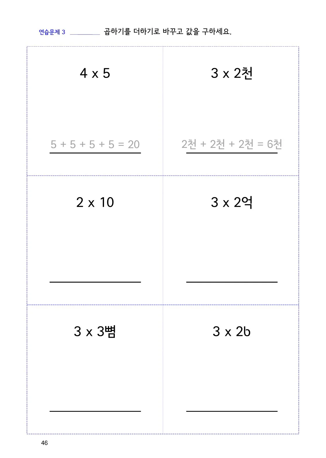 곱셈식을 덧셈으로 풀어 쓰는 방법 개념을 설명하는 수학감각 곱셈 46쪽 실제 교재 화면