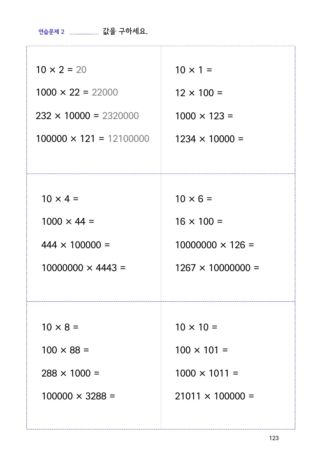 100·1000을 곱하면 왜 0이 늘어날까요? 개념을 설명하는 수학감각 곱셈 123쪽 실제 교재 화면