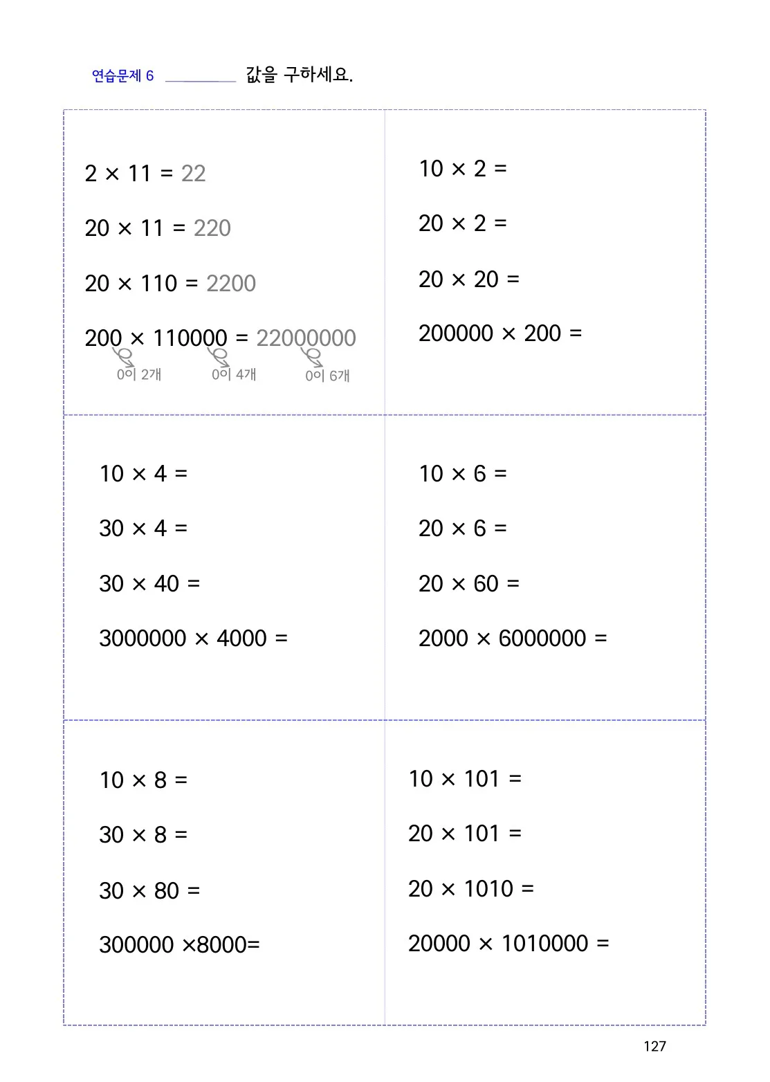 곱셈 결과의 0은 자리를 지키는 숫자입니다 개념을 설명하는 수학감각 곱셈 127쪽 실제 교재 화면