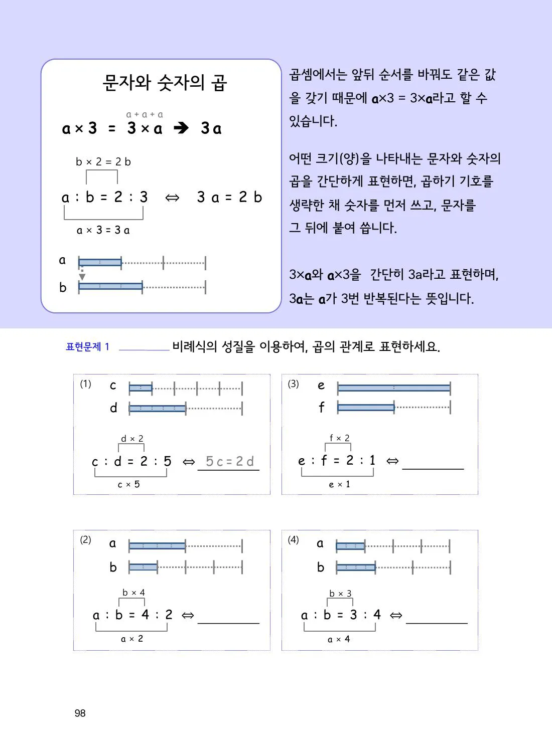 수학감각 비와 비례식 1권 98쪽 비례식의 외항과 내항의 곱 설명 화면