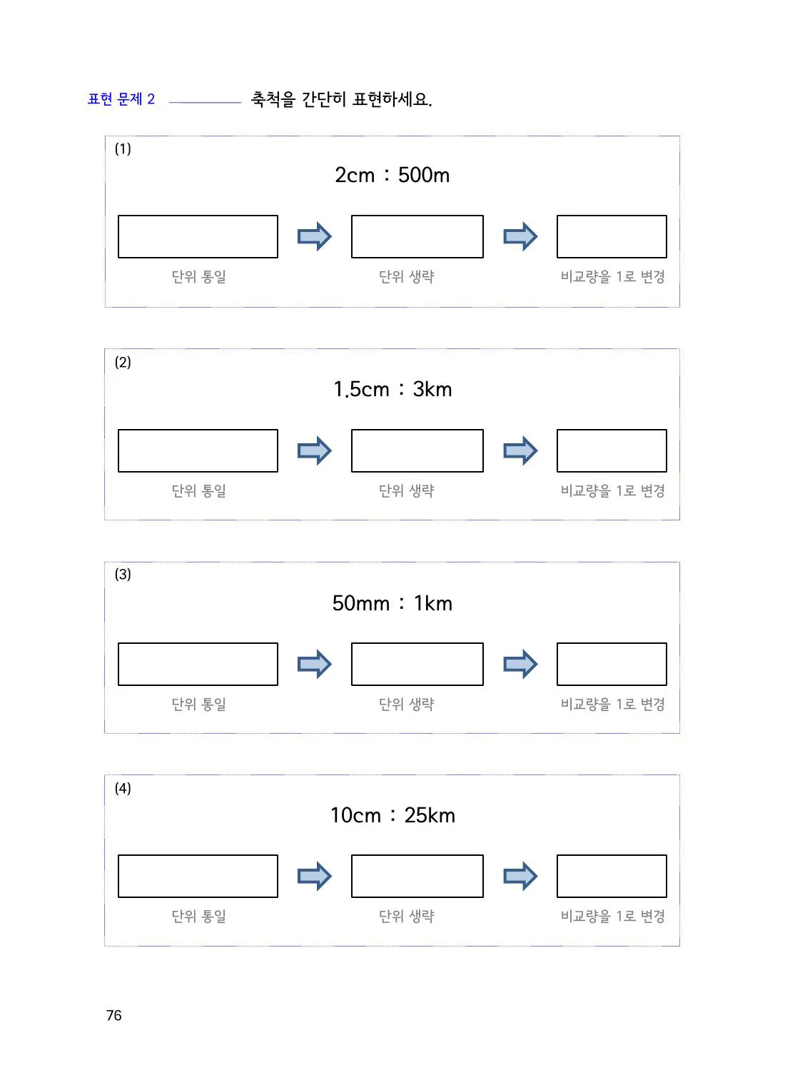 수학감각 비와 비례식 2권 76쪽 축척과 지도 길이로 실제 거리 구하기 설명 화면