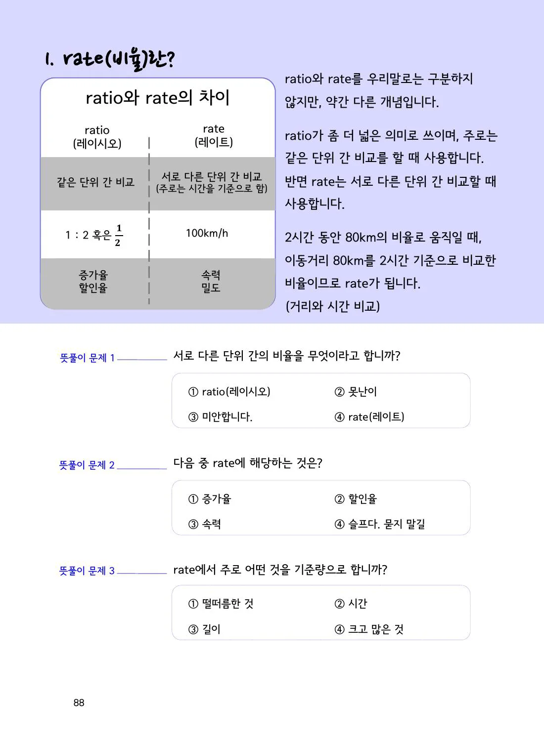 수학감각 비와 비례식 2권 88쪽 ratio와 rate는 어떻게 다를까요? 설명 화면